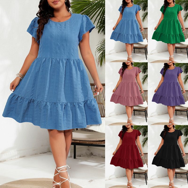 Women's Clothing Large Size Round Neck Lotus Leaf Sleeve Waist Holiday Leisure Temperament Dress_voghion.com