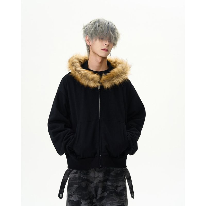 Felpa con cappuccio e cerniera in stile retrò americano da uomo, con collo in pelliccia, da uomo e da donna, corta, in tinta unita, Cleanfit_voghion.com