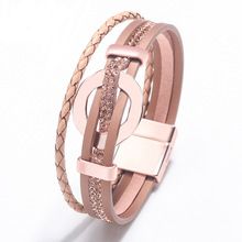 Bracciale in pelle intrecciata a mano in stile bohémien, in lega, con fibbia magnetica, multistrato, in PU, multicolore, opzionale._voghion.com
