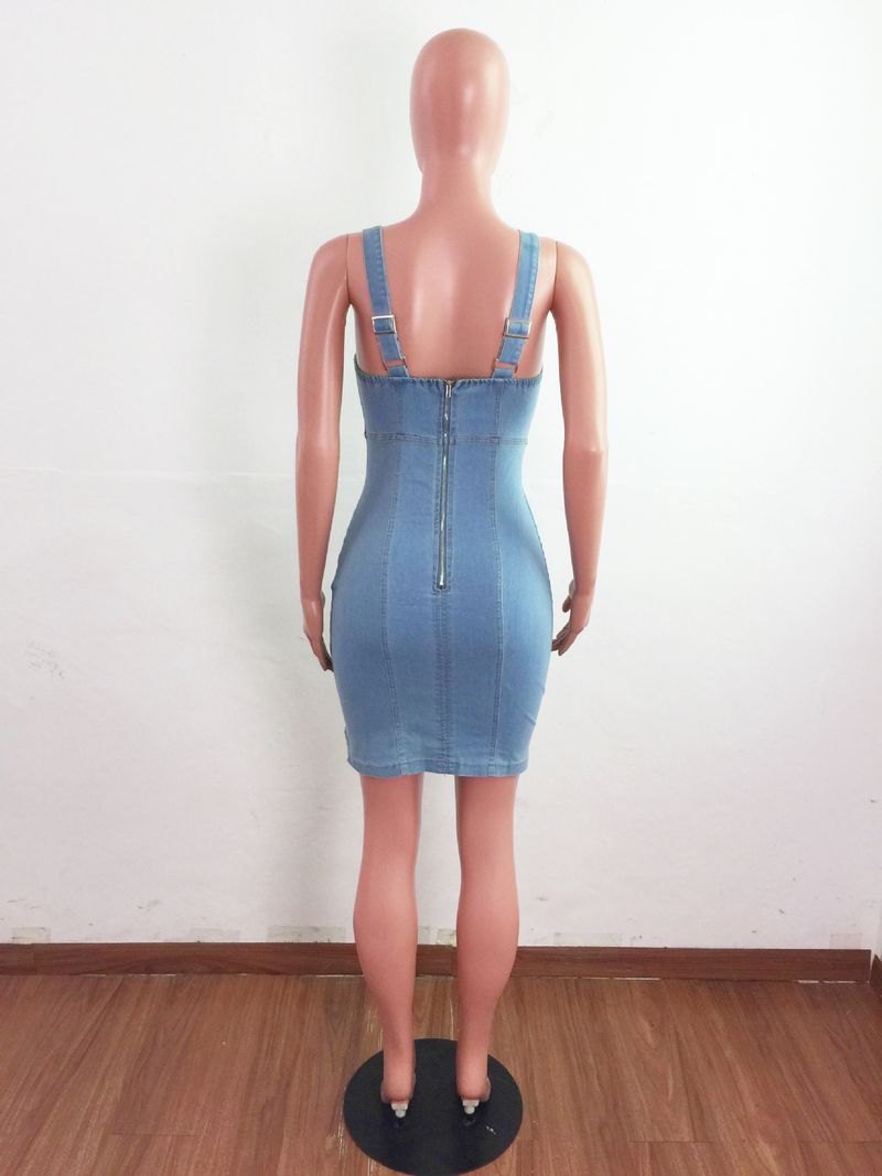 Abito in denim con spacco con gonna all'americana in denim sexy alla moda da donna_voghion.com