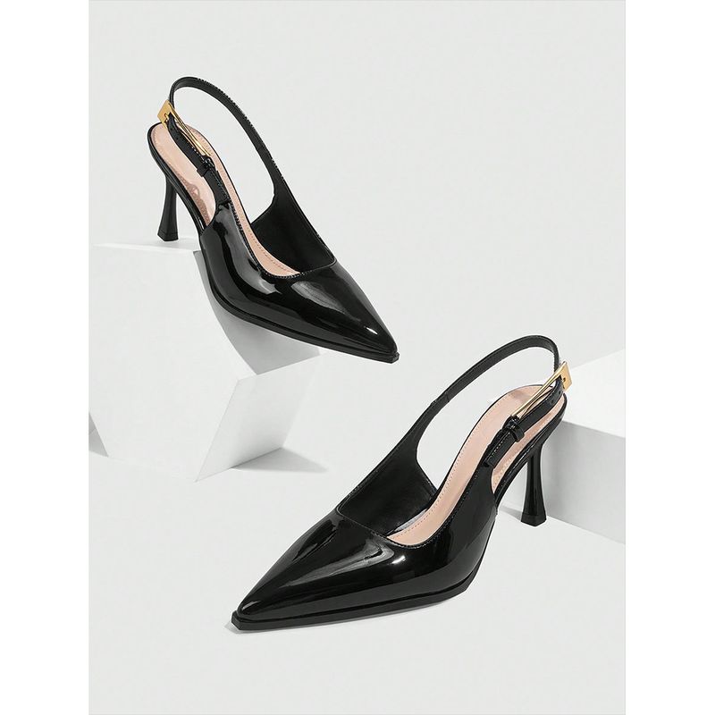 Pointy Patent Leather High Heels Women's New Small Metal Buckle Thin Heel Overhead Sandals_voghion.com