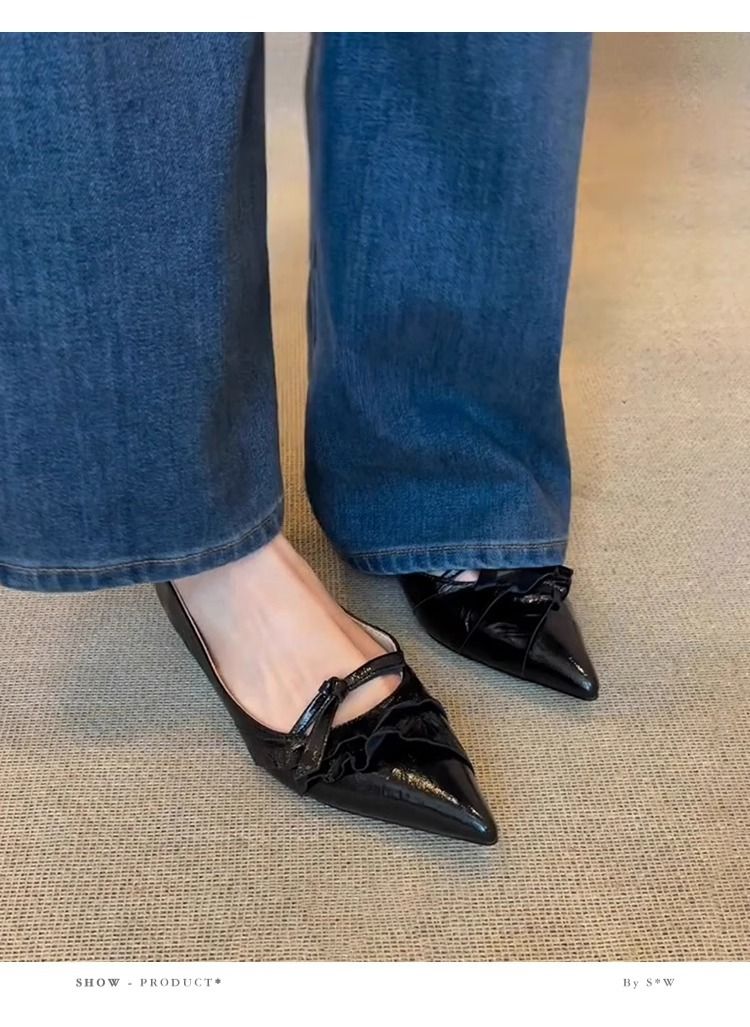 Sheepskin Version Temperament Pointed Shoes For Women, Versatile Black One Strap Genuine Leather Shallow Mouth Slip On Commuter Shoes_voghion.com