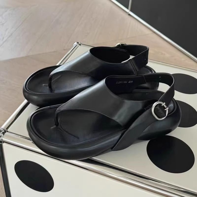 Damessandalen met plateauzool en gespband - Echt leren neusstuk (dikke zool, strand- en vrijetijdskleding, Romeinse stijl)_voghion.com