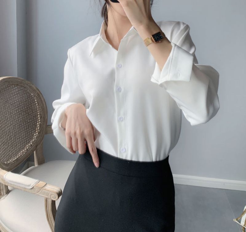 Bianco donna primavera e autunno 2024 nuovo stile design ampio temperamento nero maniche lunghe non trasparente professionale_voghion.com