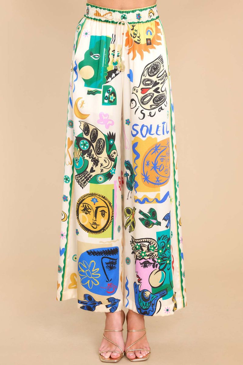 Damer 2024 Sommar Fritidskläder Damer Satin Stretch Frukttryck Graffiti Byxor med vida ben Fritidsbyxor_voghion.com