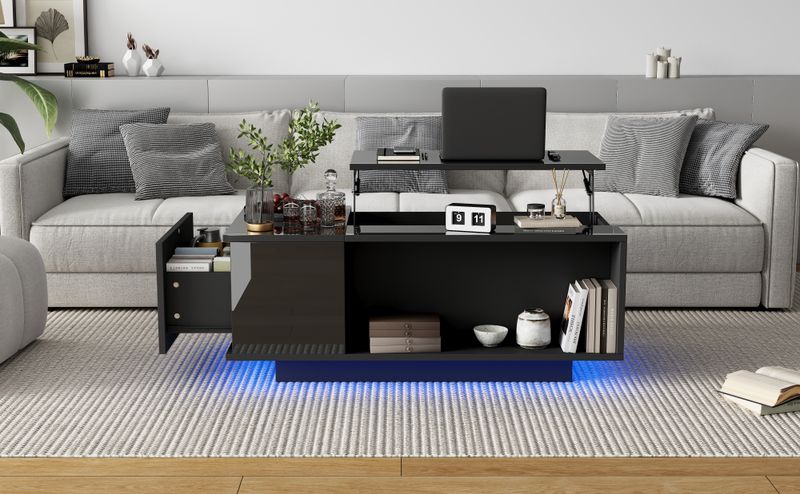 Table basse réglable en hauteur 100 x 50 x 40 cm avec rangement dissimulé, éclairage LED, tiroir, table d'appoint de salon, noire_voghion.com