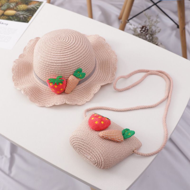 Vendita calda ragazze paglia turismo fiore bambini cappello da sole e borsa set bambino all'aperto largo tesa secchio cappelli set_voghion.com
