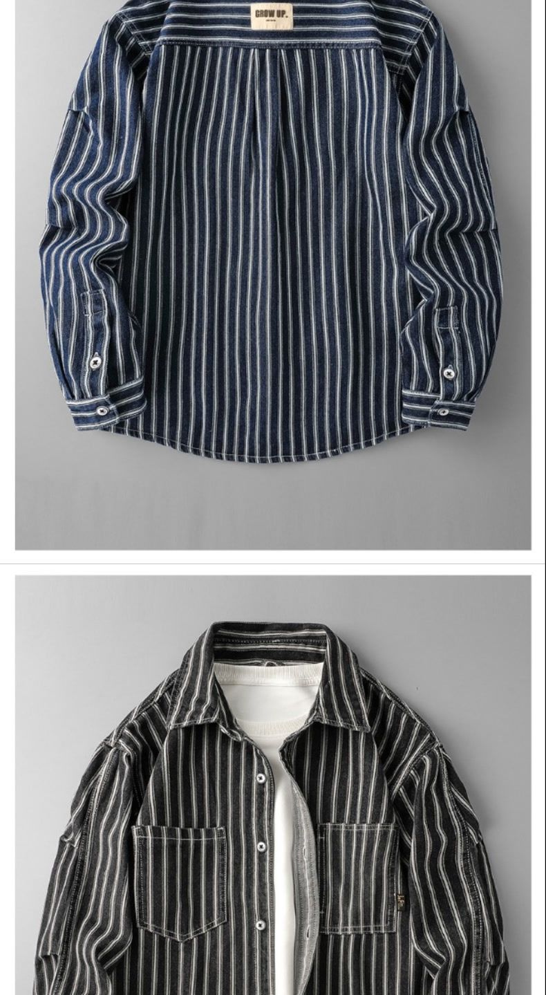Herrenbekleidung Gewaschene gestreifte Jeanshemdjacke Herren Frühling und Herbst Hübsches lockeres lässiges Langarmhemd Trend_voghion.com