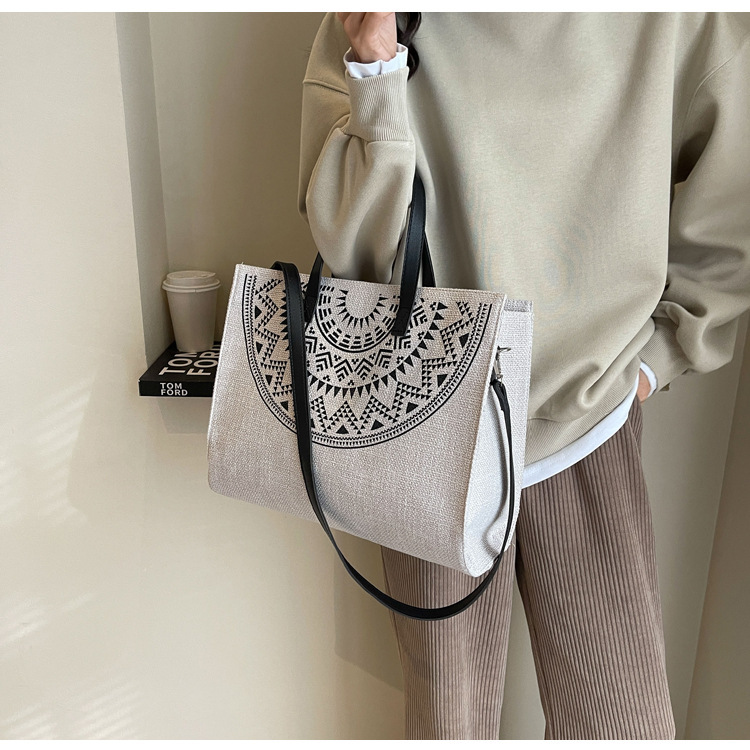 2024 Yeni Orman Tek Omuz Crossbody Çanta Tote Çanta Keten Doku Büyük Çanta Kadın Etnik Tarzı Çanta_voghion.com