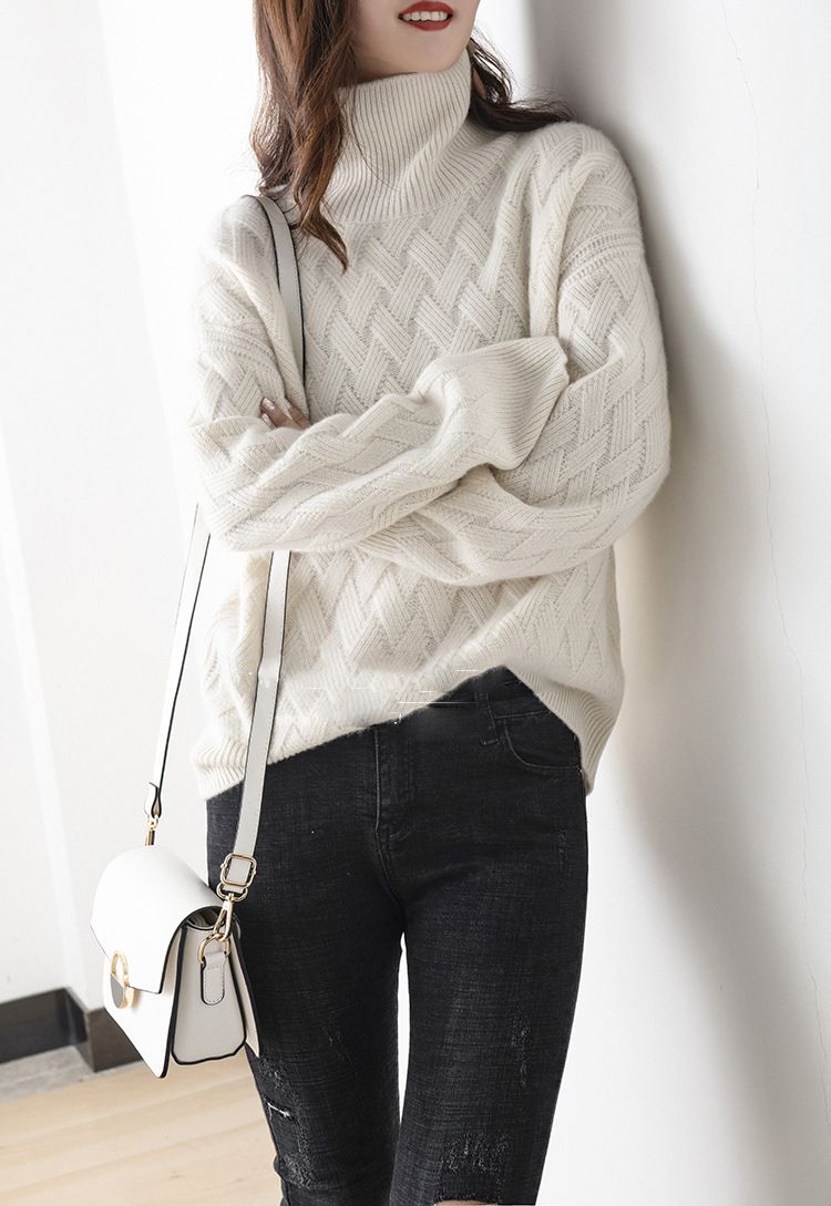 Maglione caldo a coste con collo alto per donna, autunno inverno 2024, nuova maglia base coreana spessa, stile allentato e pigro_voghion.com