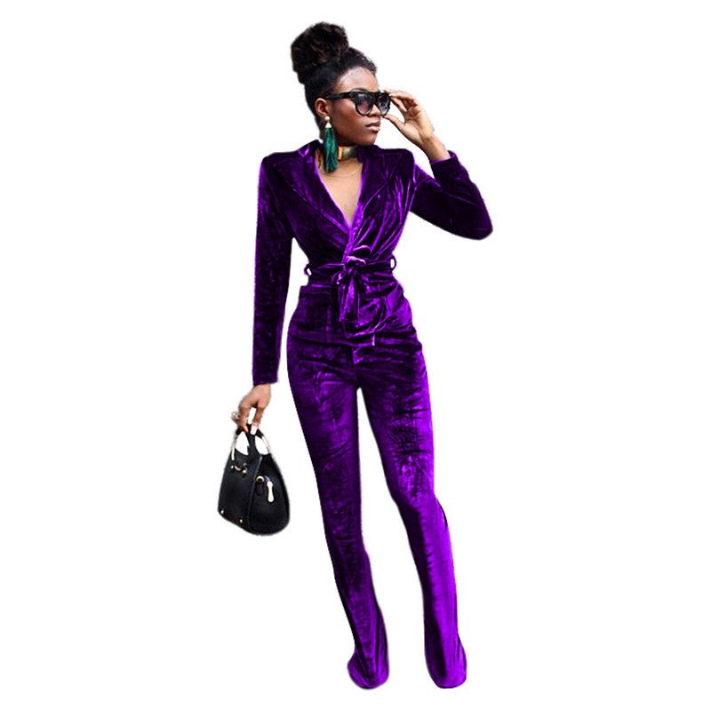 New Women's Solid Color Slim Fit Korean Velvet Blazer Flared Pants Set_voghion.com