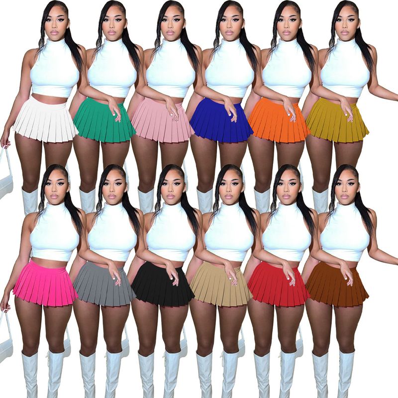 AD1356 Women's 2022 Summer Fashion Solid Color T-shirt Pleated Short Skirt Two-piece Set_voghion.com