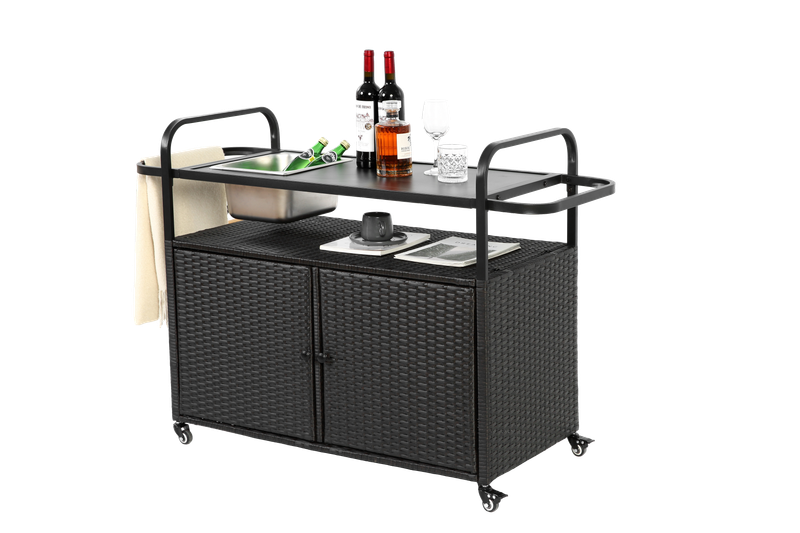 Table de bar d'extérieur avec meuble en osier, desserte de terrasse avec plateau en acier, seau à glace, roulettes verrouillables, panier latéral, pour jardin, piscine et arrière-cour, noir_voghion.com