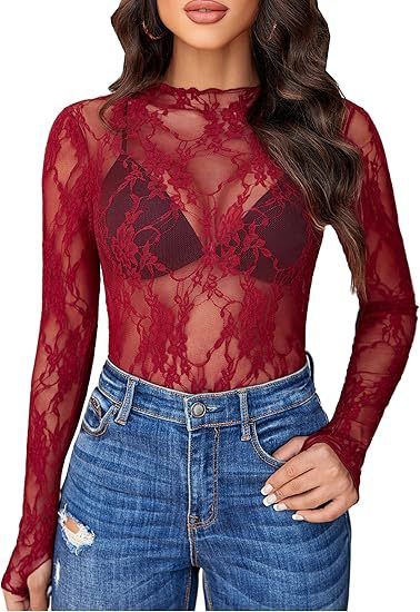 Top da donna, maniche lunghe, collo alto, camicia trasparente, top in pizzo floreale trasparente, hanno un vero colpo_voghion.com
