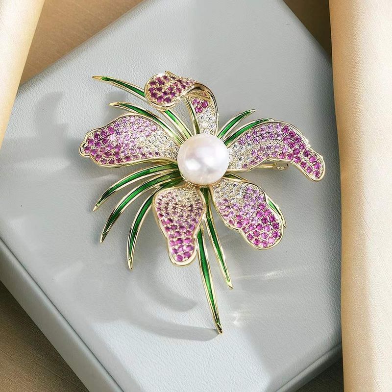 Pfingstrose Brosche Korea Schwerindustrie Micro-intarsien Farbe Zirkonium Brosche Abzeichen Blume Zirkon Pin Abendessen Kleid Lila Gold_voghion.com