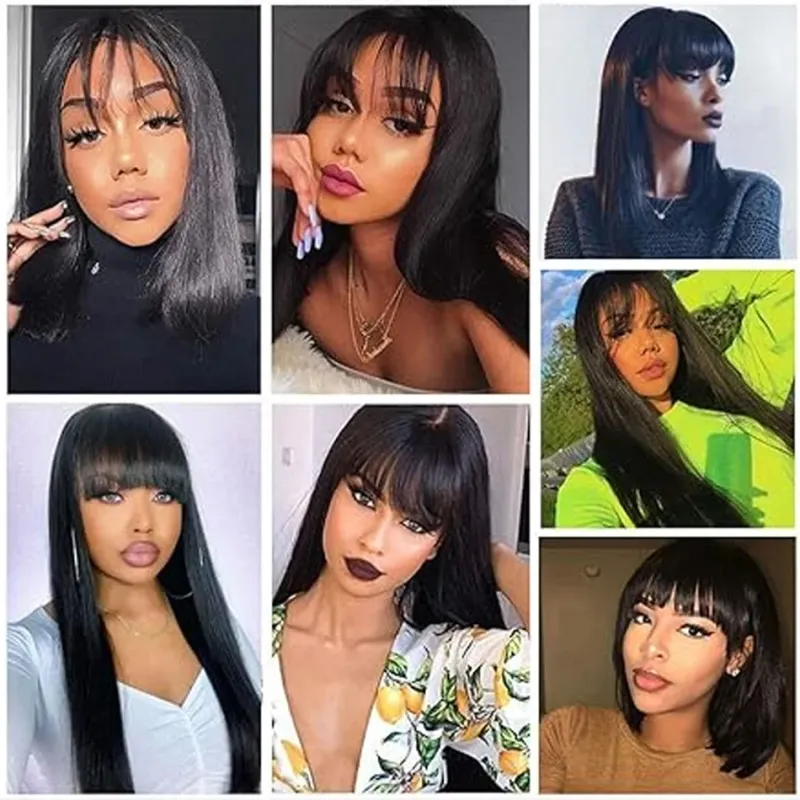 Glatte Perücke aus Echthaar mit Pony, brasilianisches Remy-Echthaar, Perücken für Frauen, 100 % Echthaar_voghion.com