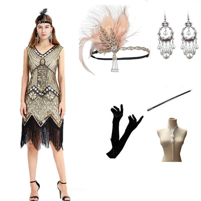 Abito da sera retrò anni '20 Gatsby abito da industria pesante con perline e nappe con scollo a V_voghion.com