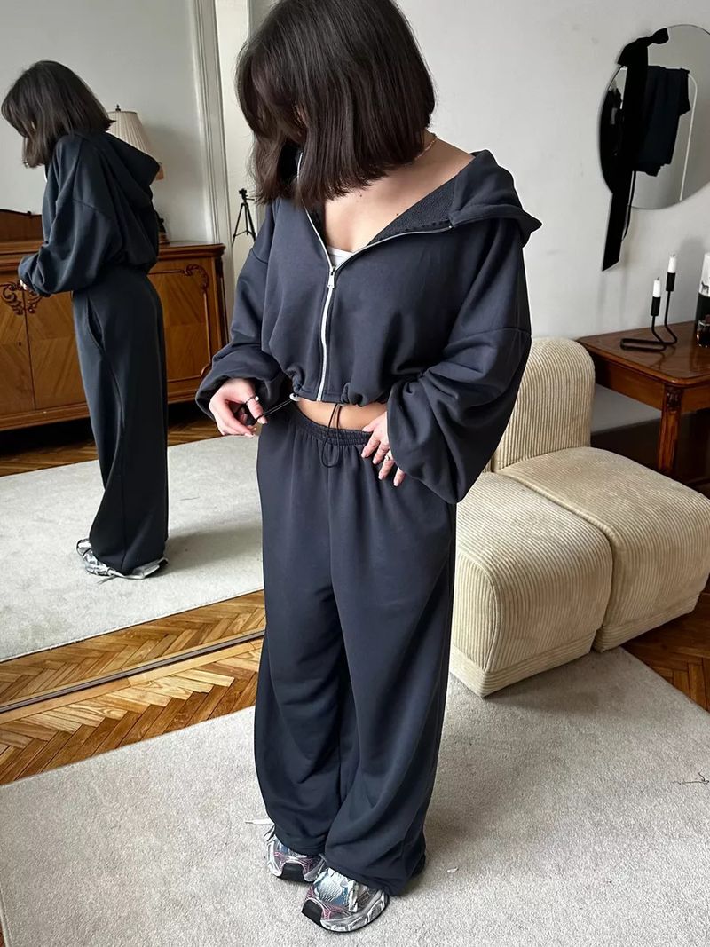 Women's Casual Suit Solid Color Long Sleeved Zipper Cardigan Drawstring Hooded Sweatshirt Sports Elastic Pants Two-piece_voghion.com