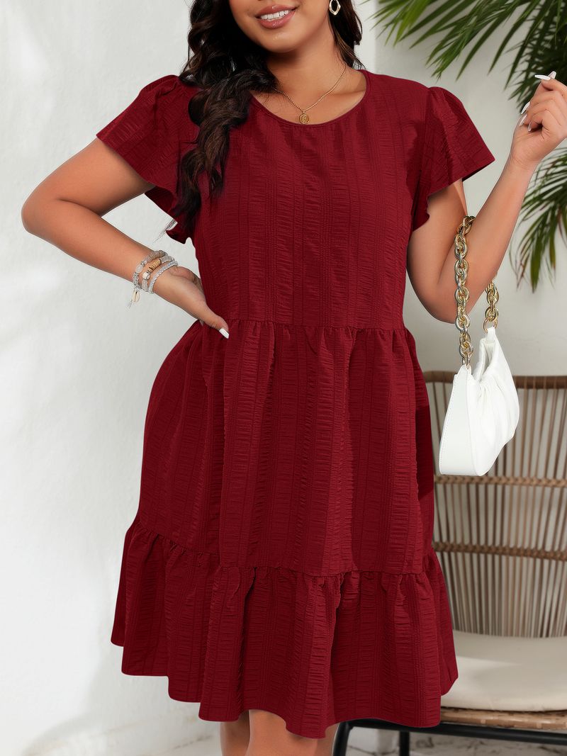 Women's Clothing Large Size Round Neck Lotus Leaf Sleeve Waist Holiday Leisure Temperament Dress_voghion.com