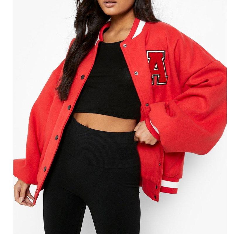 Chaqueta de béisbol engrosada de lana con letras para mujer_voghion.com