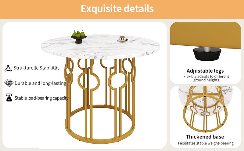 Rond Esstisch 100x76cm Avec Marmorplatte, Goldene Beine_voghion.com