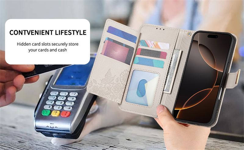 Custodia elegante e alla moda in pelle con flip per iPhone Air e 17 Pro di TechGlobe, con portafoglio a forma di fiore e foglia._voghion.com