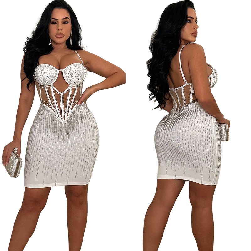 Einfarbiges Damen-Mesh-Strasskleid mit Hosenträgern, Neujahrsabendkleid_voghion.com