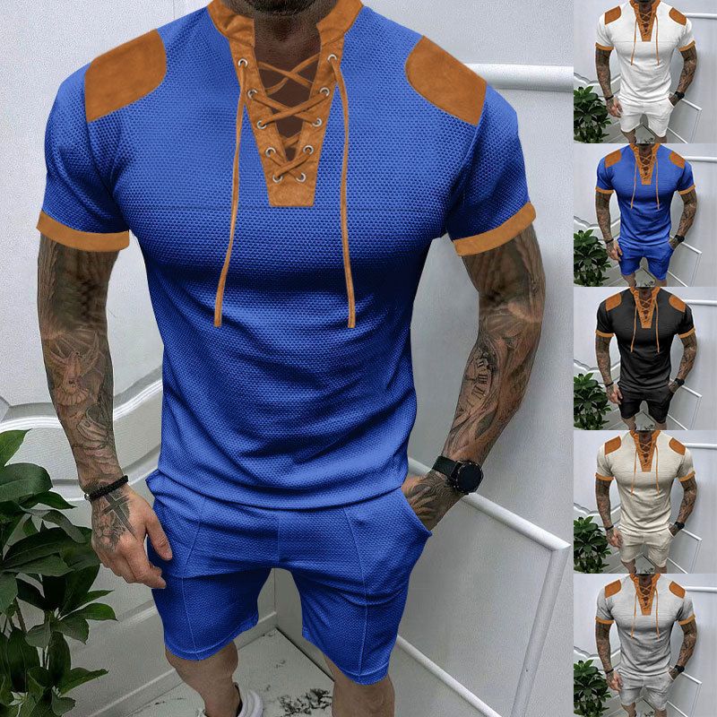 Camisa Henley de manga curta de verão, camiseta masculina com decote em V e alça, conjunto de cores combinando_voghion.com