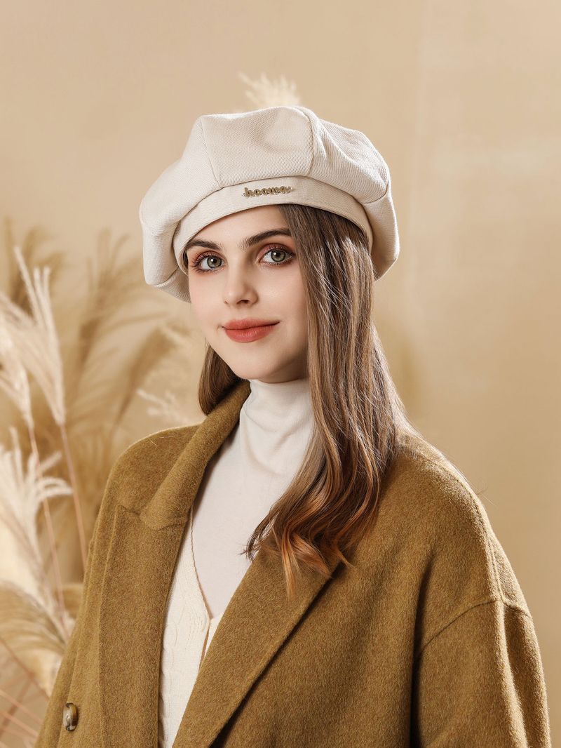 Unisex Autumn and winter woolen metal standard Beret hat octagon for women with large head around the face of the hour art painter's hat_voghion.com