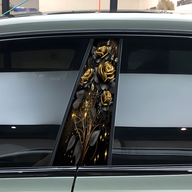 Embellecedor de ventana de coche con diseño de rosa dorada negra y columna central, antiarañazos, decoración creativa personalizada, pegatina para pilar B_voghion.com