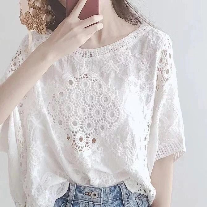 Dames Nieuwe Stijl Retro Holle Kanten Shirt Vrouwelijke Losse Zonbescherming Kleding Dames Katoenen Tops Dames_voghion.com