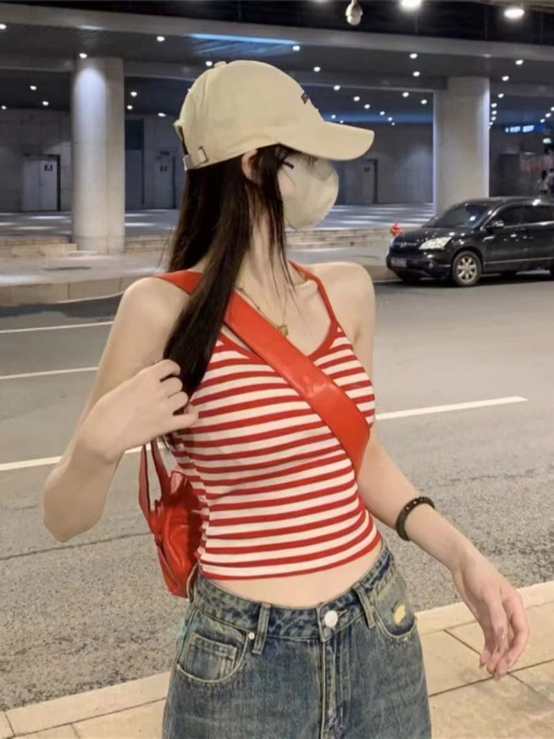 Viene fornito con imbottitura per il petto, bretelle a righe, gilet esterno, schiena corta e sottile da donna, top senza maniche estivo Spice Girl_voghion.com