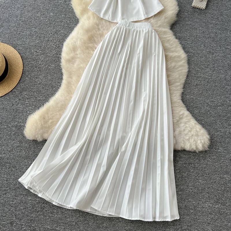 Abito da donna in due pezzi, stile maturo, leggero, con cintura in vita, scollo rotondo, senza maniche, vita alta, snellente, gonna a pieghe con ampia apertura._voghion.com