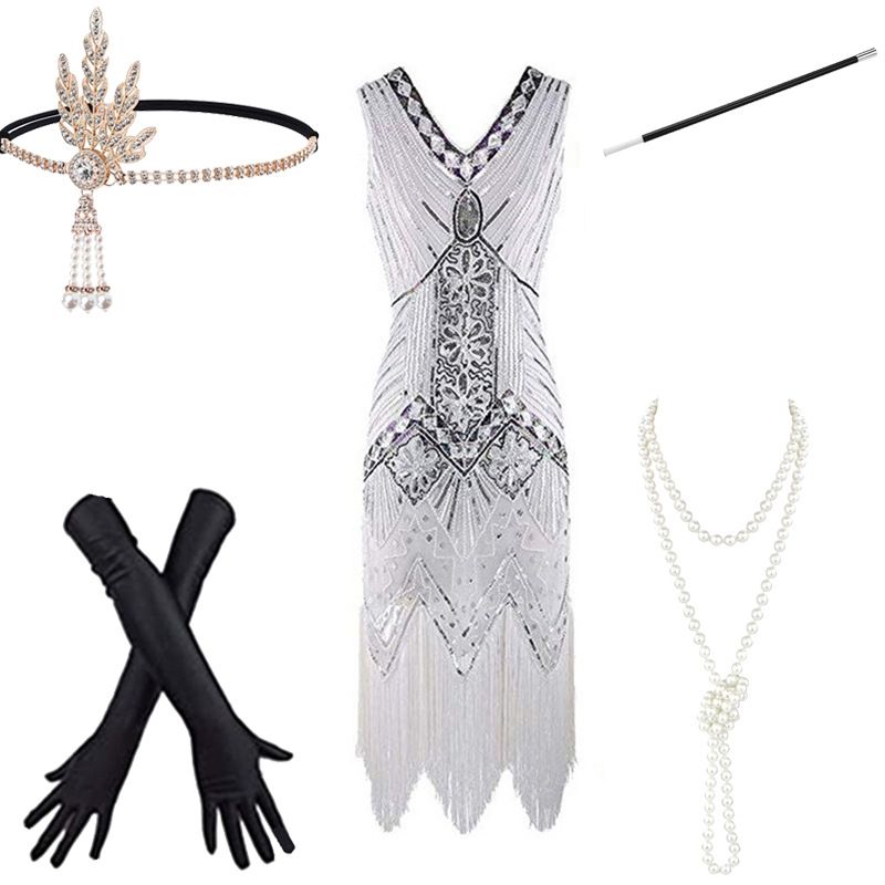 Female 1920s Gatsby Ball Sparkle Tassel Set Banquet Party Evening Dress Women's Wear_voghion.com