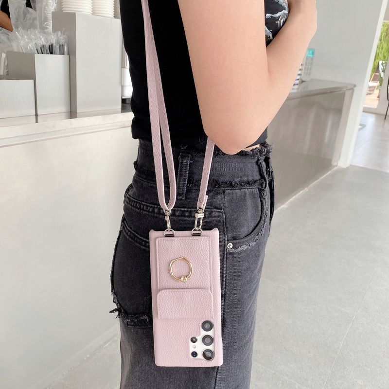 Mobile phone case Suitable for Samsung S23Ultra litchi pattern card ring buckle lanyard mobile phone case S21/S22/A52 cross-border model_voghion.com