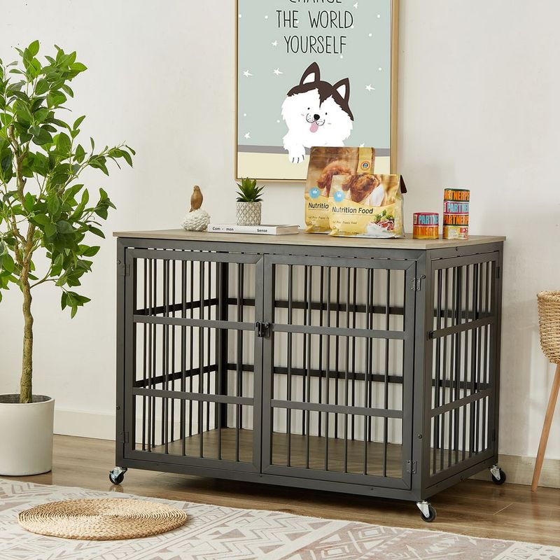 Furniture Style Dog Crate Wrought Iron Frame Door With Side Openings, Grey, 43.3''W X 29.9''D X 33.5''H._voghion.com