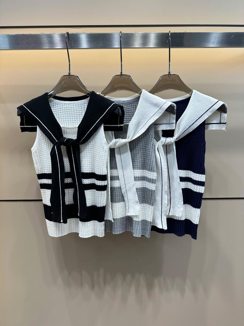 25 New Summer Dijia Little Bee Striped Navy Style Maglia senza maniche Pullover snellente versatile Top_voghion.com