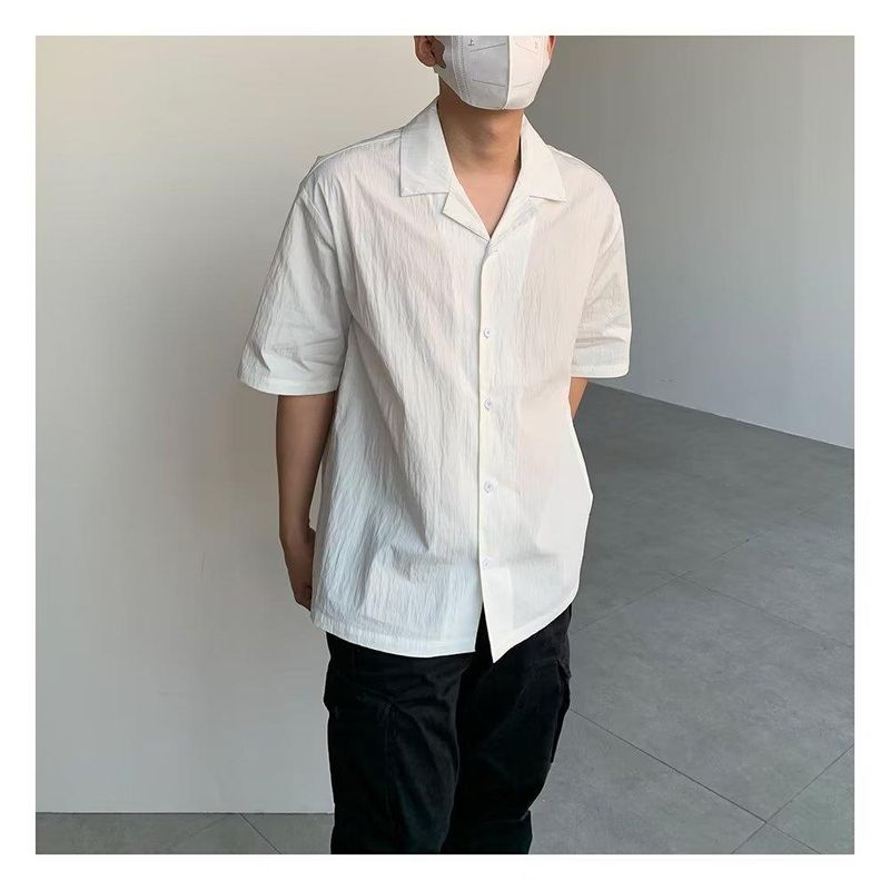 Camicia estiva coreana di qualità imbattibile con colletto cubano in cotone a maniche corte per uomo, in lino bianco, stile casual e versatile, con fodera corta._voghion.com