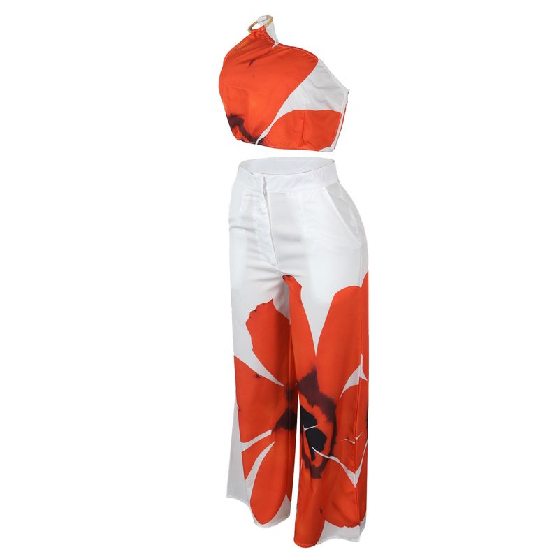 Women's Clothing Printed One Shoulder Slim Fit Wide Leg Pants Two Piece Set_voghion.com