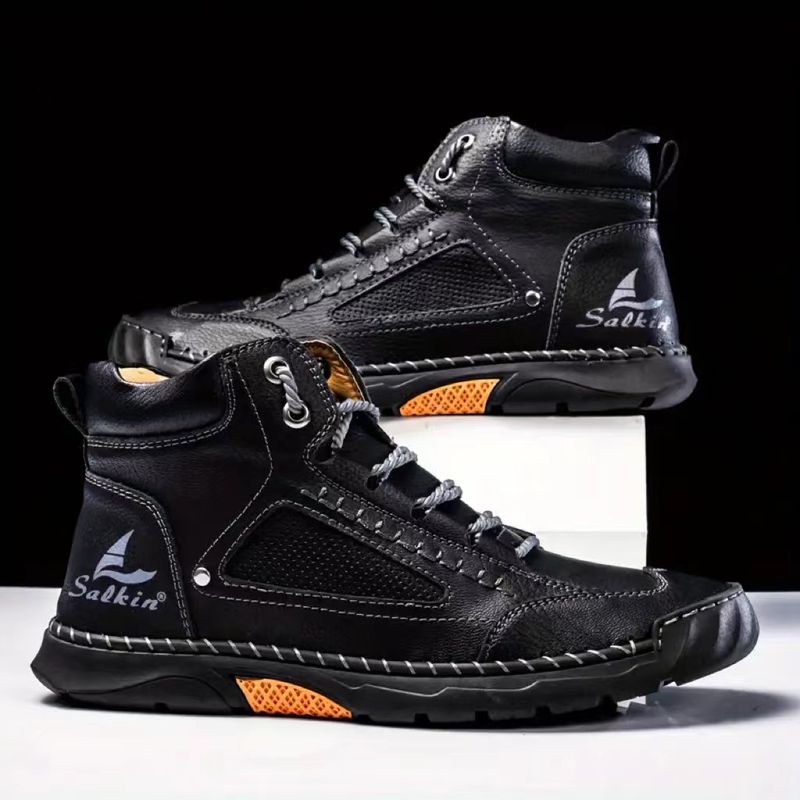 Große Herrenstiefel aus PU-Leder, handgenähte Stiefeletten mit flacher Sohle und Schnürung für Herren_voghion.com