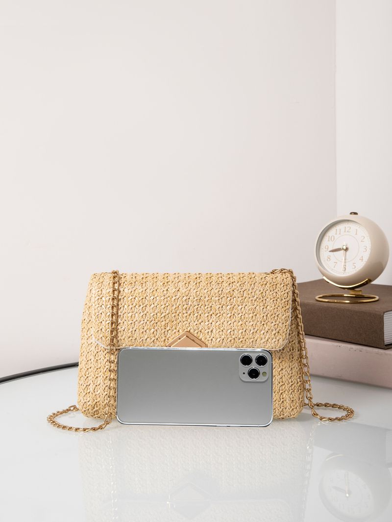 Borsa a tracolla estiva intrecciata da donna - Borsa in paglia con chiusura a diamante e tracolla a catena (borsa a tracolla minimalista da donna)_voghion.com