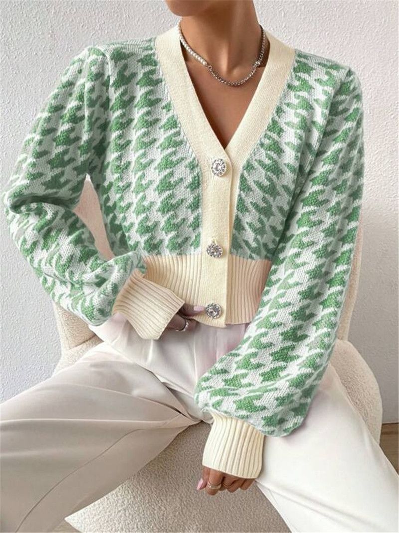 Dameskleding herfst en winter patroon lantaarn mouw gebreide cardigan trui korte jas_voghion.com