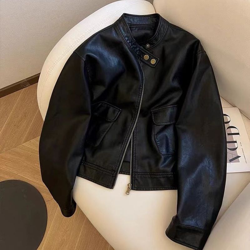 Veste courte en cuir PU pour femme, version coréenne, polyvalente et décontractée, style moto, tendance, printemps 2025_voghion.com