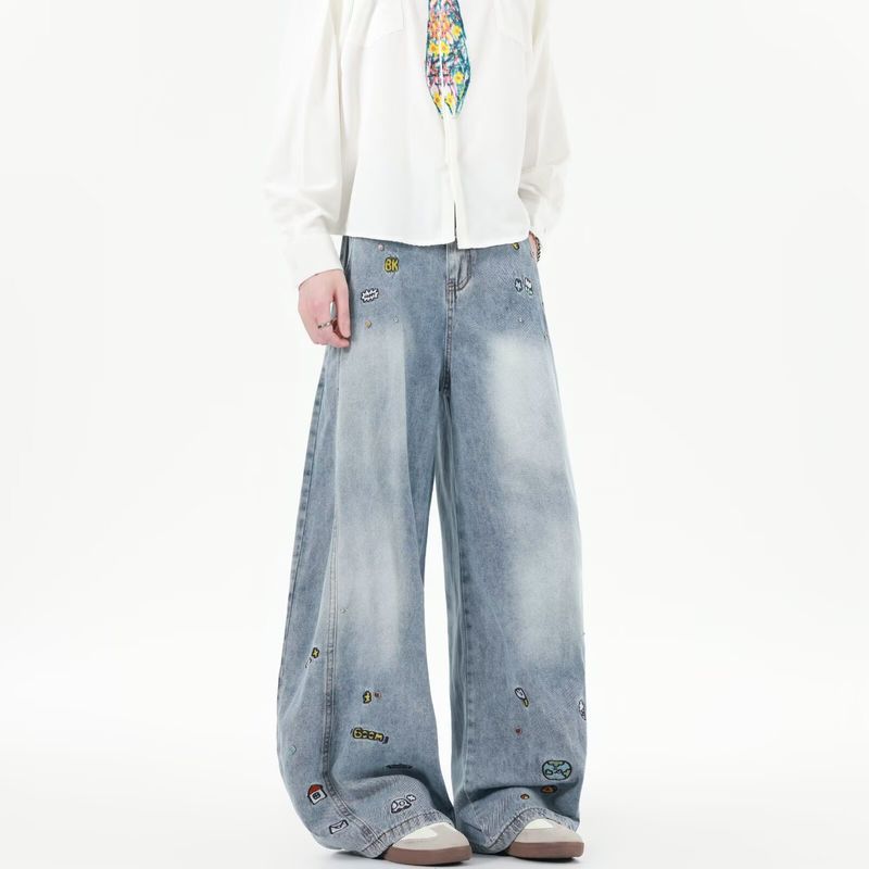 Unisex High-Street Wide-Leg Jeans For Teens – Trendy Baggy Denim Pants With Unique Blade Design_voghion.com
