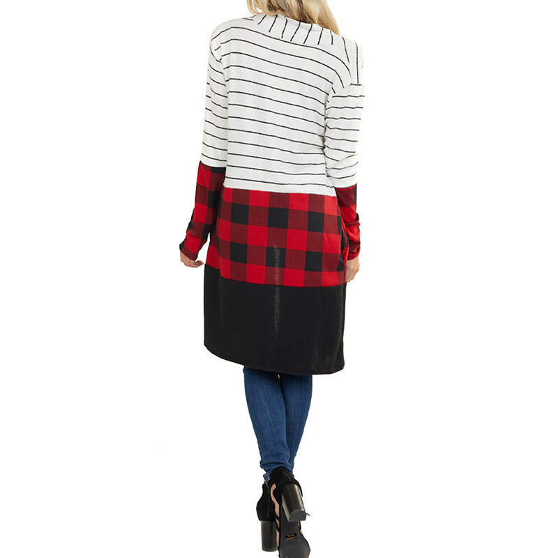 Women's Clothing Knitted Sweater Autumn and Winter New Stripes Contrast Color Splicing Plaid Casual Jacket_voghion.com