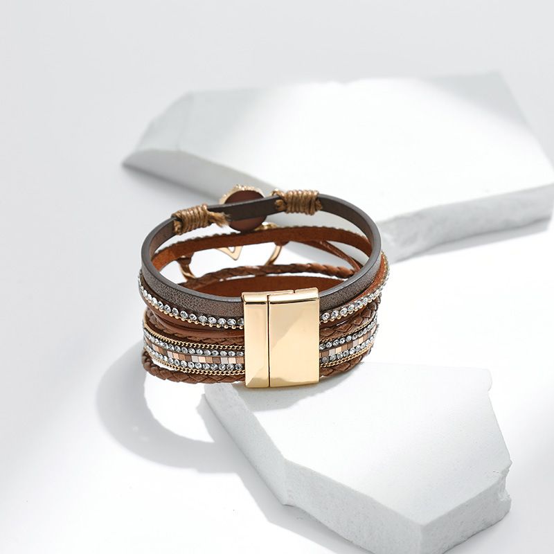 Set di bracciali a strati bohémien - Bracciale rigido regolabile a cuore aperto e catena con perline_voghion.com