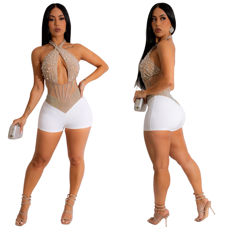 Women's mesh mesh perm beads sleeveless shorts jumpsuit_voghion.com