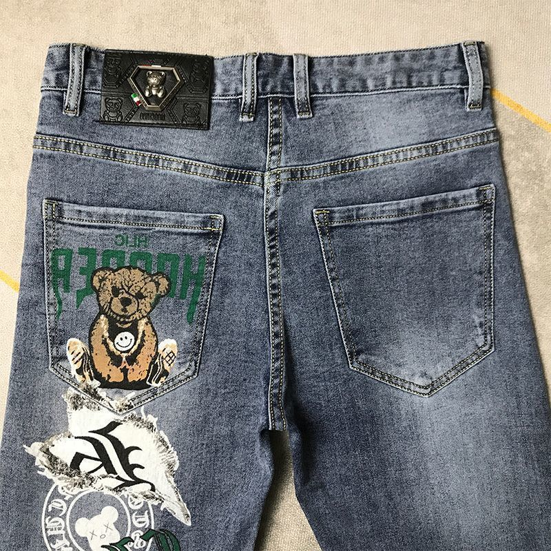 Jesenske nove moške kavbojke, trendovske blagovne znamke, vezeni tisk, mladinske elastične, slim fit, majhne stopala, vsestranske, priložnostne hlače_voghion.com