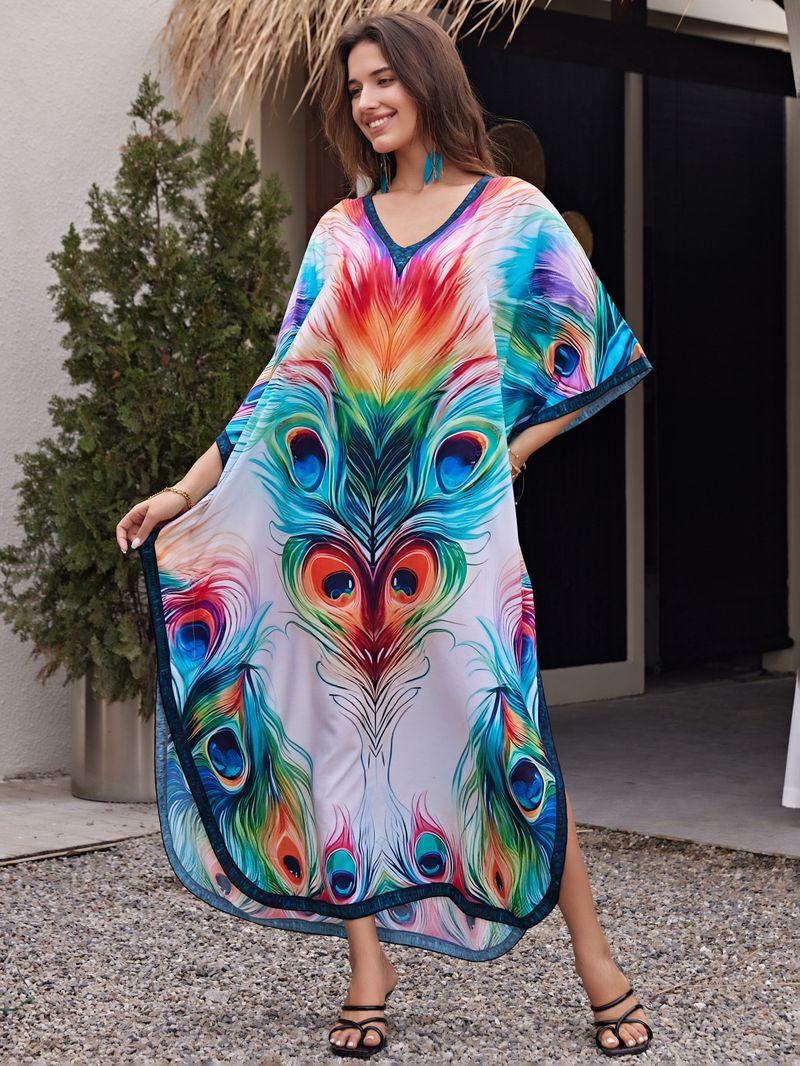 Sukienka maxi z nadrukiem w stylu boho, damska, narzutka z wiskozy – zwiewna tunika plażowa z etnicznymi wzorami, luźny krój w dużych rozmiarach, narzutka na bikini, strój na wakacje_voghion.com