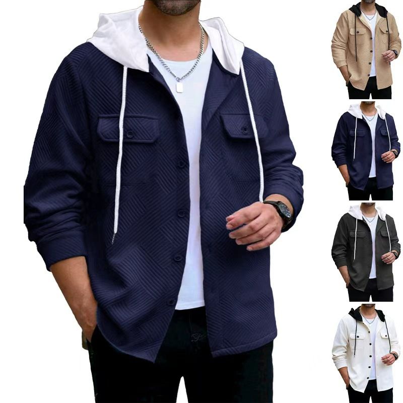 Autumn And Winter Men's Casual Sports Color Matching Hooded Sweatshirt Button Jacquard Pocket Jacket_voghion.com